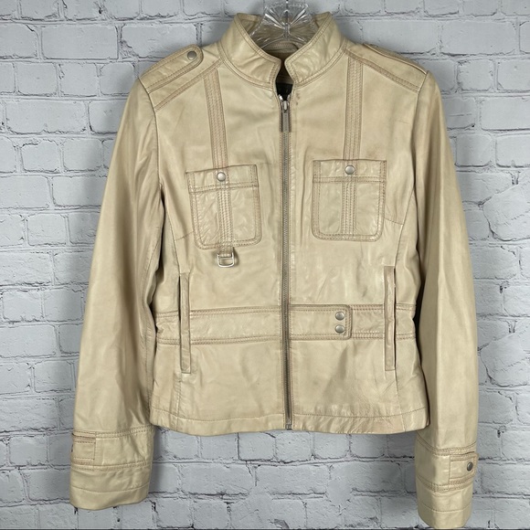 KENNETH COLE REACTION leather beige moto jacket size S - Picture 2 of 14